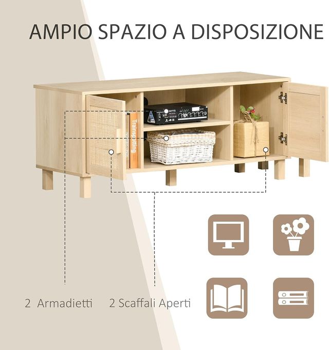Mueble Porta TV Con Vani Abiertos Y Puertas de Ratan, Mueble para TV Hasta 50'', 115X40X48Cm, Color Madera