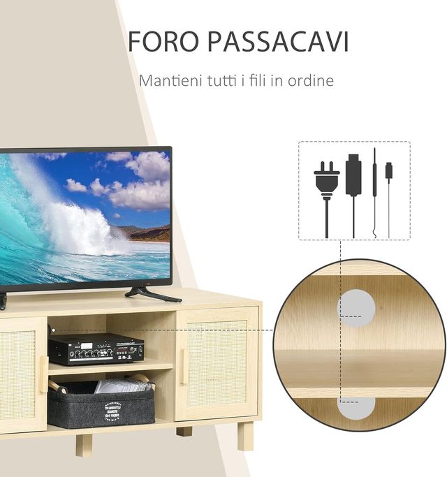 Mueble Porta TV Con Vani Abiertos Y Puertas de Ratan, Mueble para TV Hasta 50'', 115X40X48Cm, Color Madera