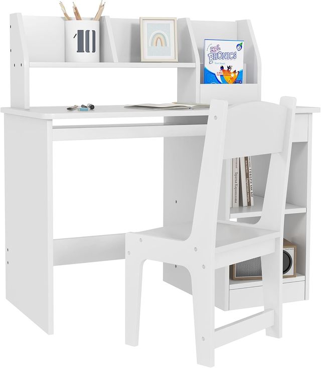 Escritorio para Niños Con Silla, Banco Escolar para Niños De 5 a 8 Años en Madera Con Estante y Silla, Blanco