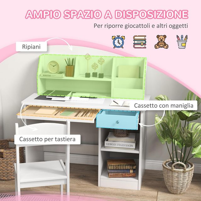 Escritorio para Niños Con Silla, Banco Escolar para Niños De 5 a 8 Años en Madera Con Estante y Silla, Blanco