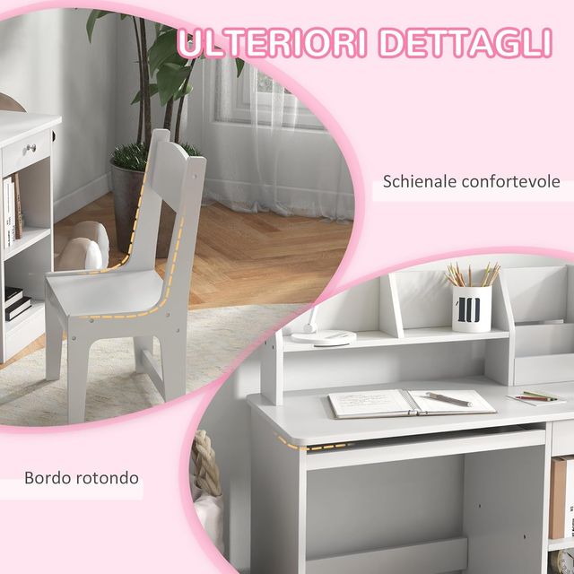 Escritorio para Niños Con Silla, Banco Escolar para Niños De 5 a 8 Años en Madera Con Estante y Silla, Blanco