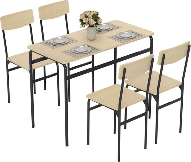 Conjunto de Mesa y Sillas para Comedor de 5 Piezas, Mesa de Comedor Rectangular y 4 Sillas de Madera y Metal, Ahorra Espacio, Diseño Industrial, para Sala de Estar Cocina, Negro y Color Madera
