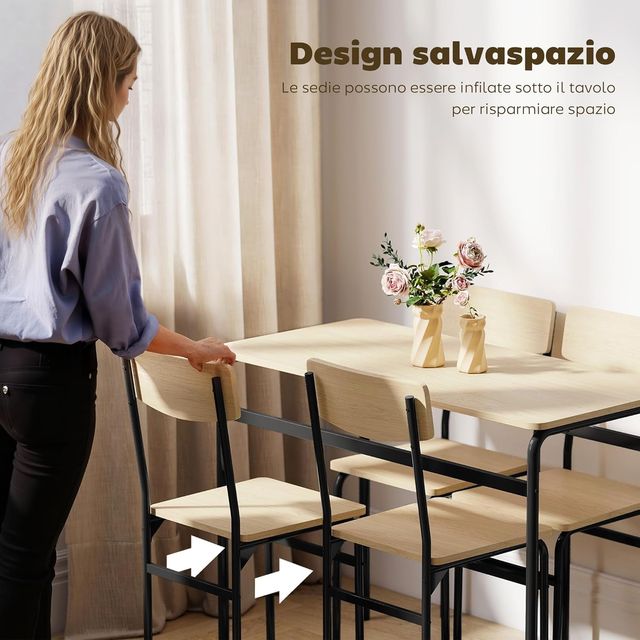 Conjunto de Mesa y Sillas para Comedor de 5 Piezas, Mesa de Comedor Rectangular y 4 Sillas de Madera y Metal, Ahorra Espacio, Diseño Industrial, para Sala de Estar Cocina, Negro y Color Madera