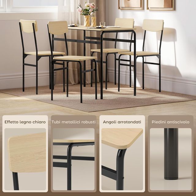 Conjunto de Mesa y Sillas para Comedor de 5 Piezas, Mesa de Comedor Rectangular y 4 Sillas de Madera y Metal, Ahorra Espacio, Diseño Industrial, para Sala de Estar Cocina, Negro y Color Madera