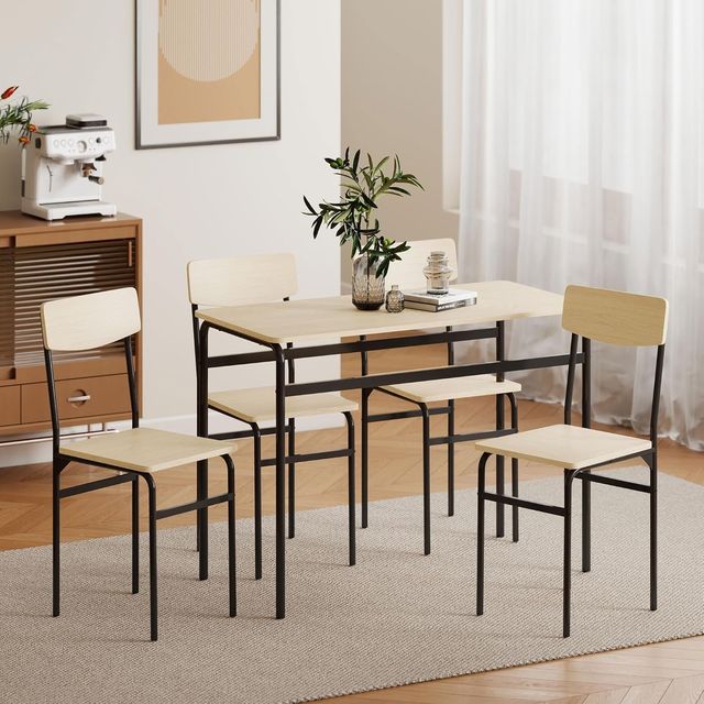 Conjunto de Mesa y Sillas para Comedor de 5 Piezas, Mesa de Comedor Rectangular y 4 Sillas de Madera y Metal, Ahorra Espacio, Diseño Industrial, para Sala de Estar Cocina, Negro y Color Madera