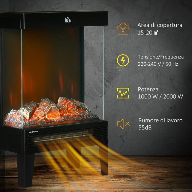 Chimenea Eléctrica en 3 Lados, Potencia 1000/2000W Chimenea Eléctrica con Llama LED Realista, Control de Temperatura, Termostato, Protección Contra Sobrecalentamiento, 40.5X20X62 Cm, Negro