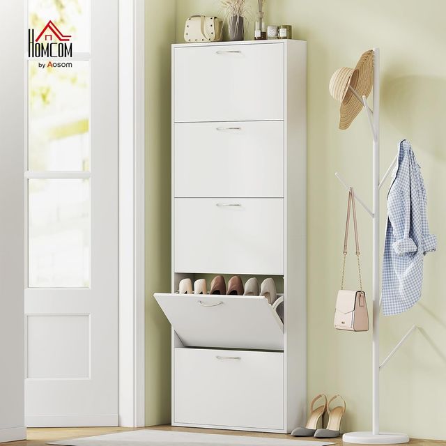 Zapatero Salvaspacio Slim Alto Con 5 Puertas Abatibles, Zapatero de Entrada Con Superficie Superior para Objetos, Zapatero Salvaspacio para 15 Pares Con Asa, 65X17X180.5 Cm, Blanco