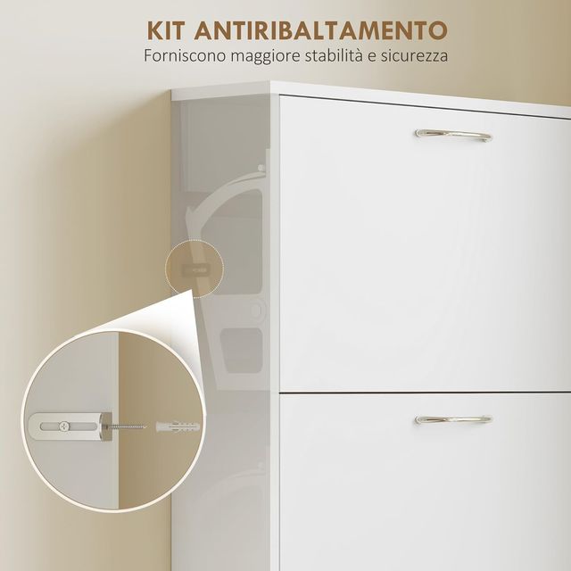 Zapatero Salvaspacio Slim Alto Con 5 Puertas Abatibles, Zapatero de Entrada Con Superficie Superior para Objetos, Zapatero Salvaspacio para 15 Pares Con Asa, 65X17X180.5 Cm, Blanco