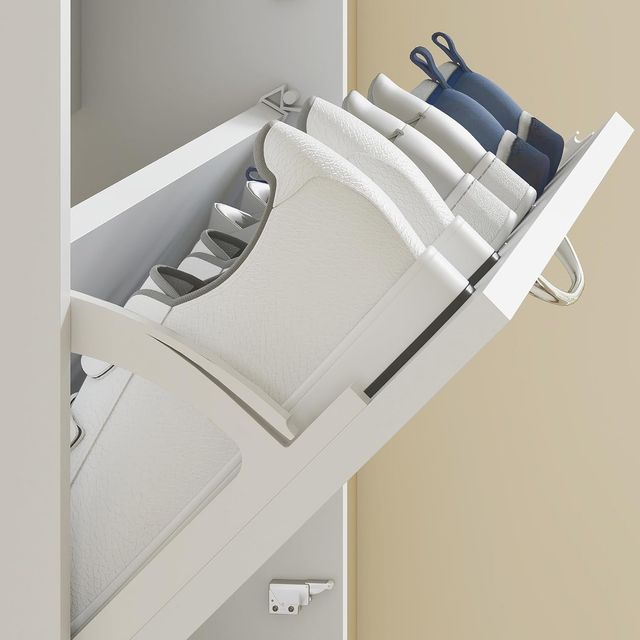 Zapatero Salvaspacio Slim Alto Con 5 Puertas Abatibles, Zapatero de Entrada Con Superficie Superior para Objetos, Zapatero Salvaspacio para 15 Pares Con Asa, 65X17X180.5 Cm, Blanco