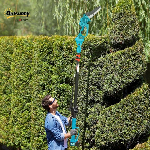 Mini Motosierra a Batería Con Motor Brushless 2 en 1 Con Palo Telescópico, Motosierra Sin Cable, 2 Baterías, Bloqueo de Seguridad, Guantes y Gafas de Protección Incluidos, Azul