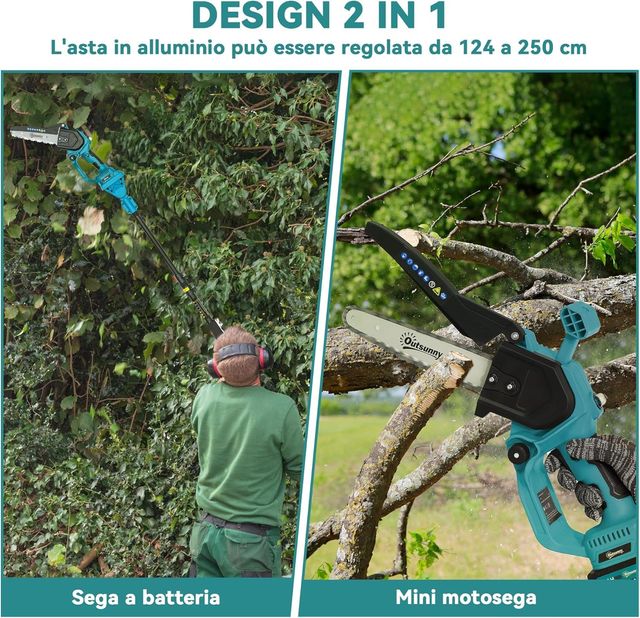 Mini Motosierra a Batería Con Motor Brushless 2 en 1 Con Palo Telescópico, Motosierra Sin Cable, 2 Baterías, Bloqueo de Seguridad, Guantes y Gafas de Protección Incluidos, Azul