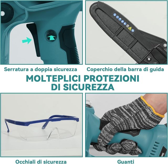 Mini Motosierra a Batería Con Motor Brushless 2 en 1 Con Palo Telescópico, Motosierra Sin Cable, 2 Baterías, Bloqueo de Seguridad, Guantes y Gafas de Protección Incluidos, Azul