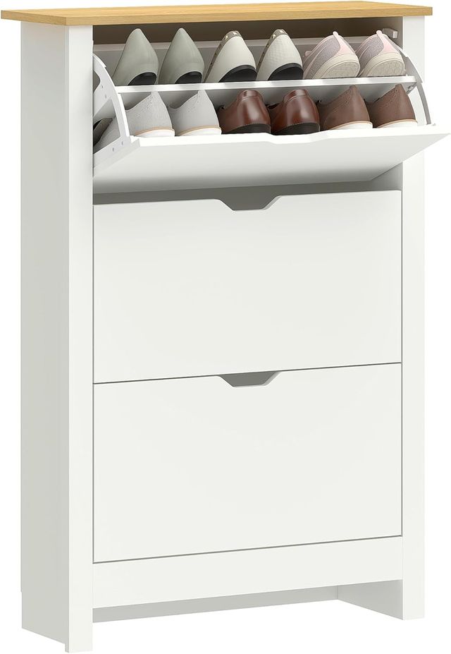 Zapatero Compacto Slim Con 3 Puertas Abatibles, Zapatero de Entrada Con Estantes Regulables en 2 Niveles y Base Elevada, Porta Zapatos para 18 Pares Con Asa Integrada, 72X26X112 Cm, Blanco