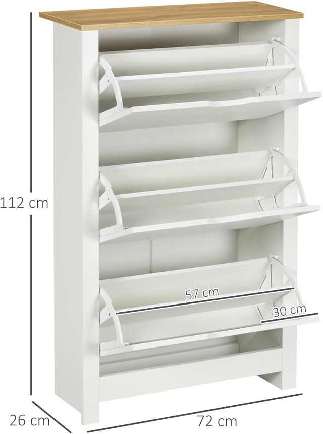 Zapatero Compacto Slim Con 3 Puertas Abatibles, Zapatero de Entrada Con Estantes Regulables en 2 Niveles y Base Elevada, Porta Zapatos para 18 Pares Con Asa Integrada, 72X26X112 Cm, Blanco