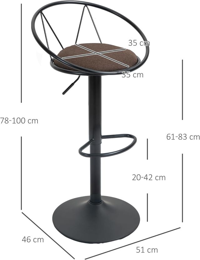Conjunto de 2 Taburetes de Bar Giratorios, Taburetes de Cocina con Respaldo y Reposapiés de Metal, Altura Regulable y Asiento Acolchado para Sala de Estar y Cocina, Marrón 51X46X78-100Cm