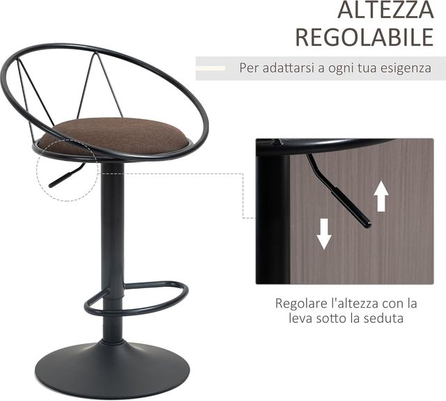 Conjunto de 2 Taburetes de Bar Giratorios, Taburetes de Cocina con Respaldo y Reposapiés de Metal, Altura Regulable y Asiento Acolchado para Sala de Estar y Cocina, Marrón 51X46X78-100Cm