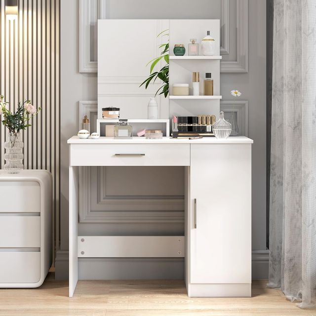 Toallero de Maquillaje Con Espejo, Estación de Maquillaje Con Cajón, Armario, Estantes Abiertos Y Estante Regulable, Mesa de Tocador para Dormitorio, Moderna, 90X38X138 Cm, Blanca