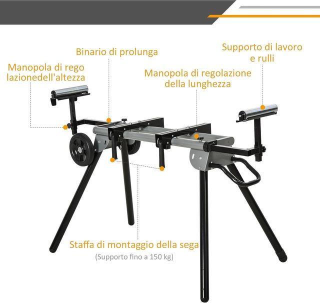 Soporte Universal para Sierras de Inglete, Banco Extensible Regulable y Plegable Carga Máxima 150Kg, Negro y Plata