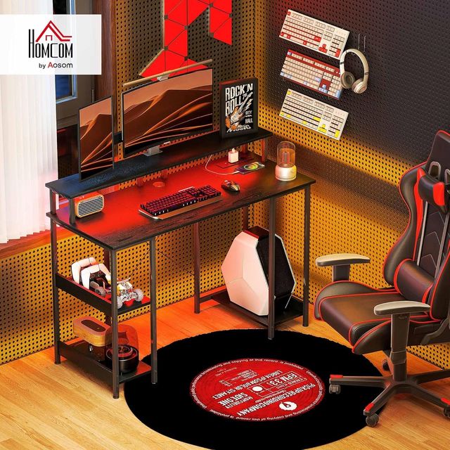 Escritorio Reversible con Estantes, 120X50 Cm Escritorio de Oficina con Tomas de Corriente y Luces LED, Mesa para PC de Estudio con Doble Soporte para Monitor, Negro