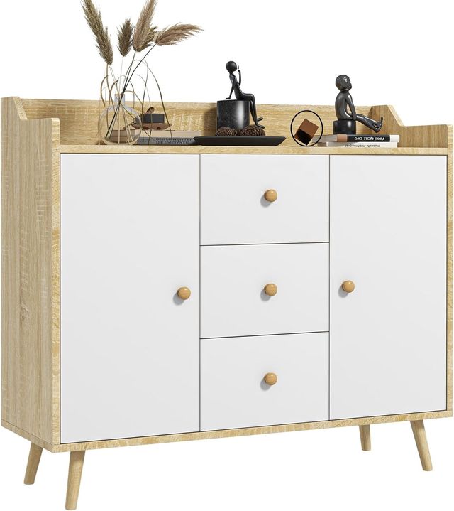 Credenza de Salón en Madera Con 3 Cajones Y 2 Armarios de 2 Niveles, Mueble de Salón Moderno Y Multiusos para Cocina, Comedor Y Sala de Estar, 90X32X80 Cm, Blanco Y Color Madera