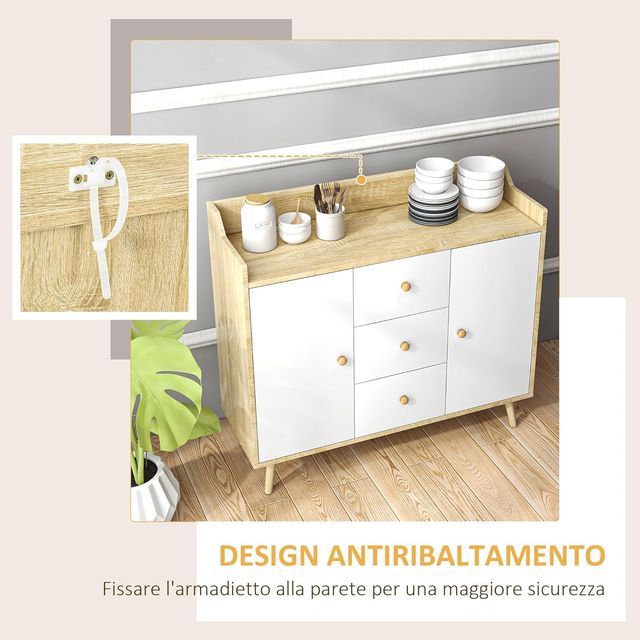 Credenza de Salón en Madera Con 3 Cajones Y 2 Armarios de 2 Niveles, Mueble de Salón Moderno Y Multiusos para Cocina, Comedor Y Sala de Estar, 90X32X80 Cm, Blanco Y Color Madera