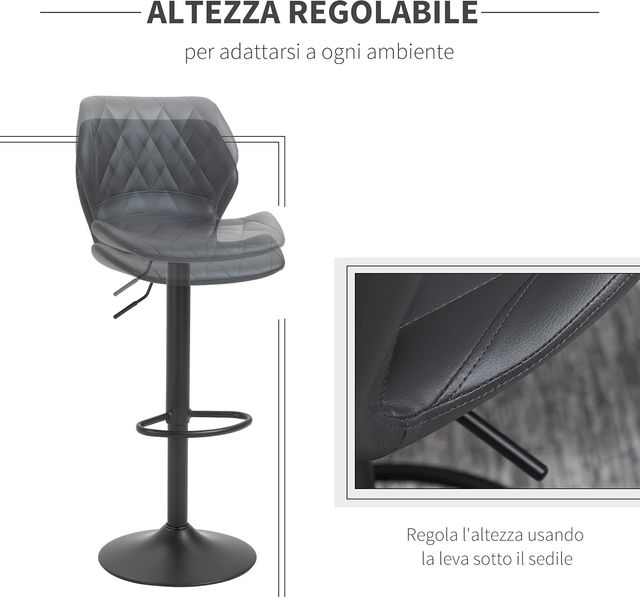 Juego De 2 Taburetes Altos De Bar En Piel Sintética Con Altura Ajustable, Taburetes De Cocina Giratorios Con Respaldo Y Reposapiés, 46.5X49.5X92-113Cm Gris
