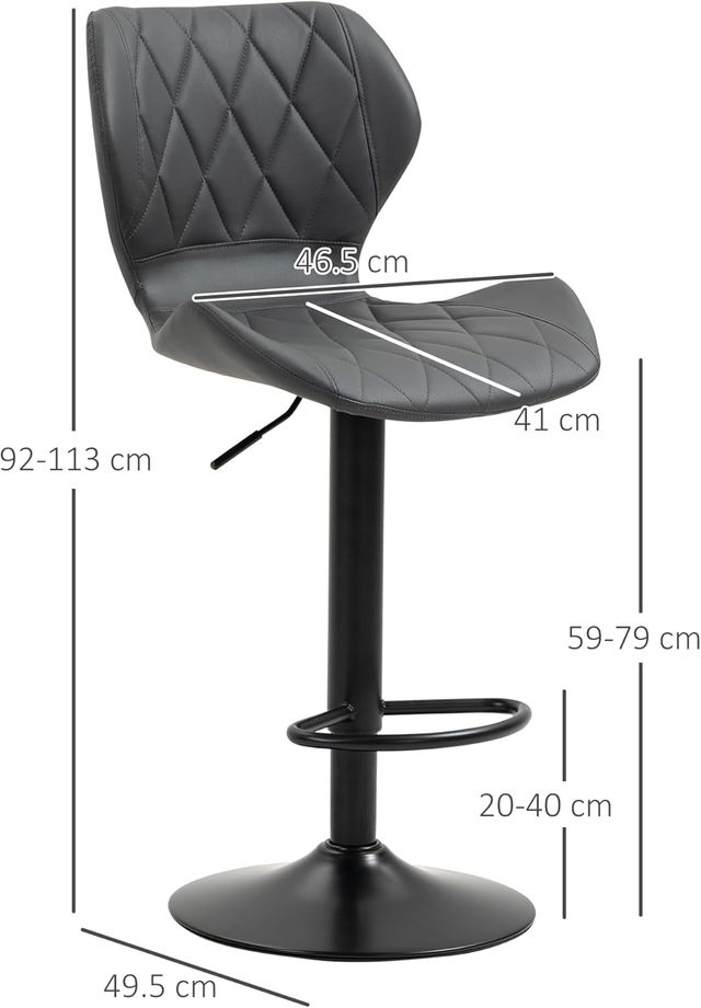 Juego De 2 Taburetes Altos De Bar En Piel Sintética Con Altura Ajustable, Taburetes De Cocina Giratorios Con Respaldo Y Reposapiés, 46.5X49.5X92-113Cm Gris