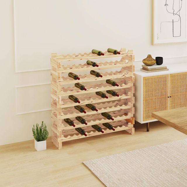 Estante para Botellas de Madera de Abeto, Cantineta para Botellas con 8 Estantes para 96 Botellas y Peso Máximo de 100 Kg, 114X28X113.5 Cm, Madera Natural