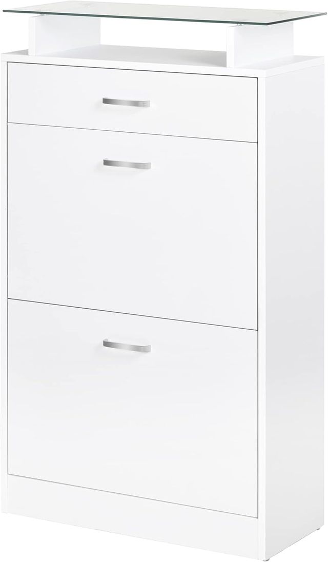 Mueble Zapatero Con 2 Puertas a 2 Niveles, Cajón Y Estante de Vidrio, Zapatero Ahorra Espacio de Madera para Entrada y Pasillo, 60X24X105.5 Cm, Blanco