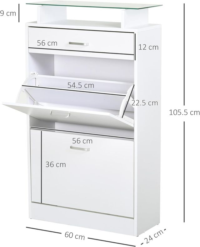 Mueble Zapatero Con 2 Puertas a 2 Niveles, Cajón Y Estante de Vidrio, Zapatero Ahorra Espacio de Madera para Entrada y Pasillo, 60X24X105.5 Cm, Blanco
