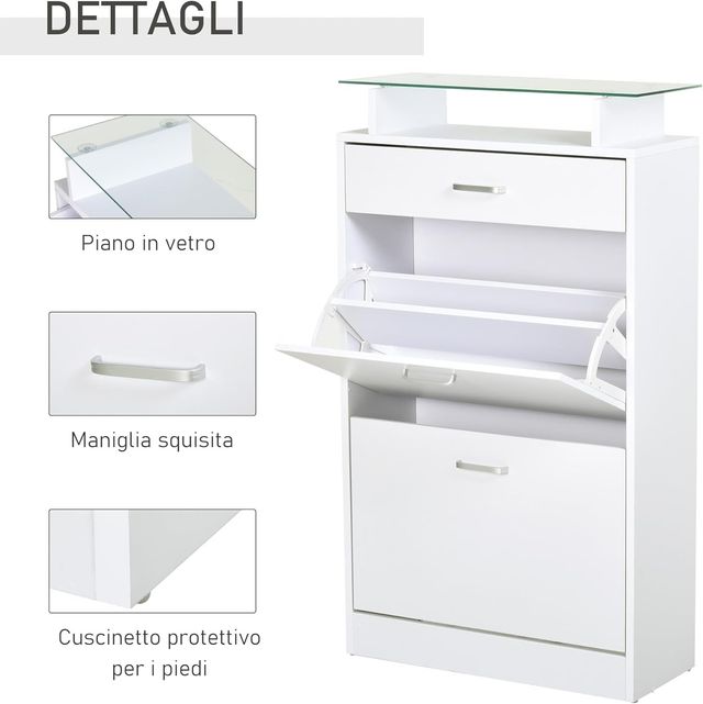 Mueble Zapatero Con 2 Puertas a 2 Niveles, Cajón Y Estante de Vidrio, Zapatero Ahorra Espacio de Madera para Entrada y Pasillo, 60X24X105.5 Cm, Blanco