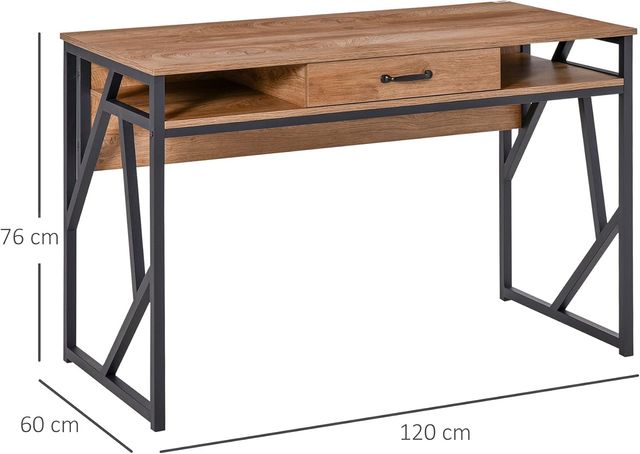 Escritorio Moderno de Metal y MDF Estilo Industrial, Estantes y Cajón para Casa y Oficina, 120X60X76Cm Negro Marrón