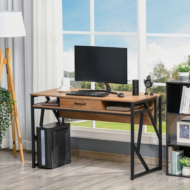 Escritorio Moderno de Metal y MDF Estilo Industrial, Estantes y Cajón para Casa y Oficina, 120X60X76Cm Negro Marrón