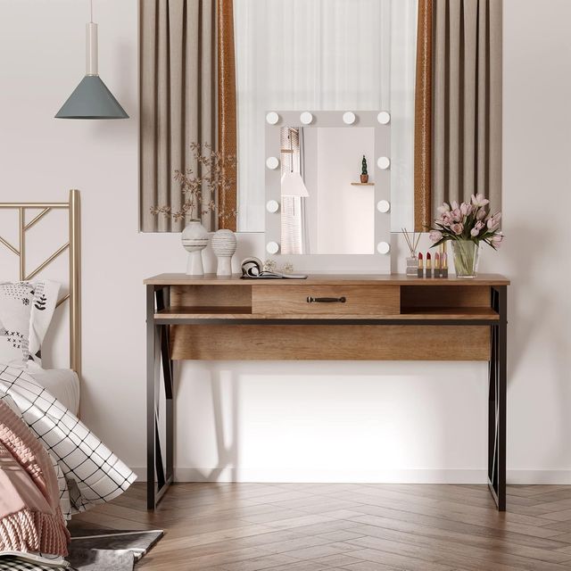 Escritorio Moderno de Metal y MDF Estilo Industrial, Estantes y Cajón para Casa y Oficina, 120X60X76Cm Negro Marrón