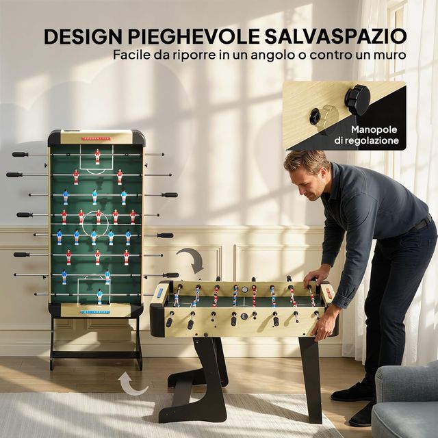 Futbolín Plegable, Biliardino Para Casa Con Mangos Antideslizantes, 8 Barras, 22 Jugadores, 2 Pelotas, Marcador, Para Niños Adultos Para Escuela Oficina Fiestas, 118X107.5X78 Cm, Color Madera