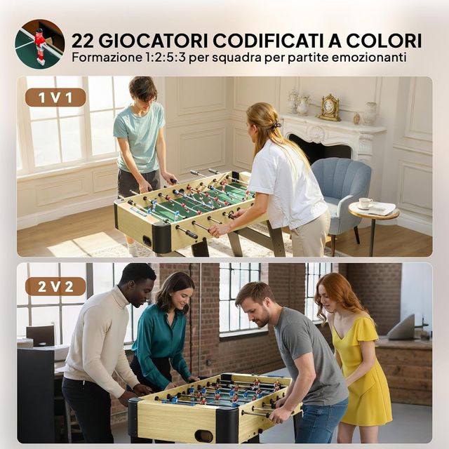 Futbolín Plegable, Biliardino Para Casa Con Mangos Antideslizantes, 8 Barras, 22 Jugadores, 2 Pelotas, Marcador, Para Niños Adultos Para Escuela Oficina Fiestas, 118X107.5X78 Cm, Color Madera