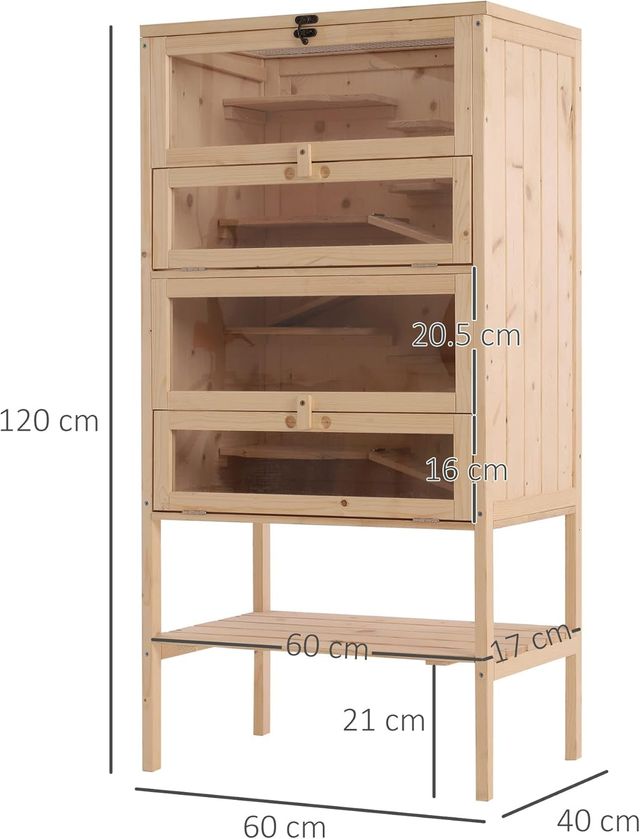 Jaula para Roedores y Hámsters con 4 Estantes y Techo Abatible de Madera 60X40X120Cm