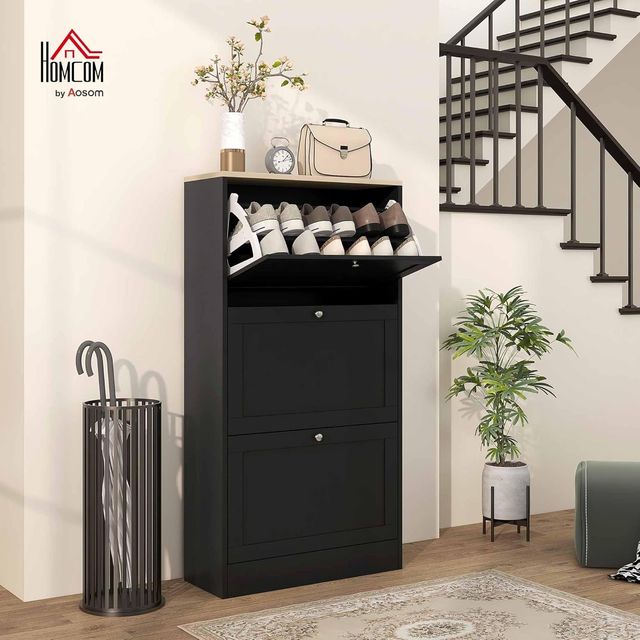 Zapatero Compacto Slim Con 3 Puertas Abatibles, Zapatero Moderno de Madera Con Estantes Regulables en 2 Niveles, Porta Zapatos para 12-18 Pares Con Asa, 60X23.5X115 Cm, Negro