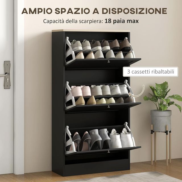 Zapatero Compacto Slim Con 3 Puertas Abatibles, Zapatero Moderno de Madera Con Estantes Regulables en 2 Niveles, Porta Zapatos para 12-18 Pares Con Asa, 60X23.5X115 Cm, Negro