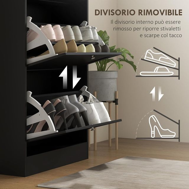 Zapatero Compacto Slim Con 3 Puertas Abatibles, Zapatero Moderno de Madera Con Estantes Regulables en 2 Niveles, Porta Zapatos para 12-18 Pares Con Asa, 60X23.5X115 Cm, Negro