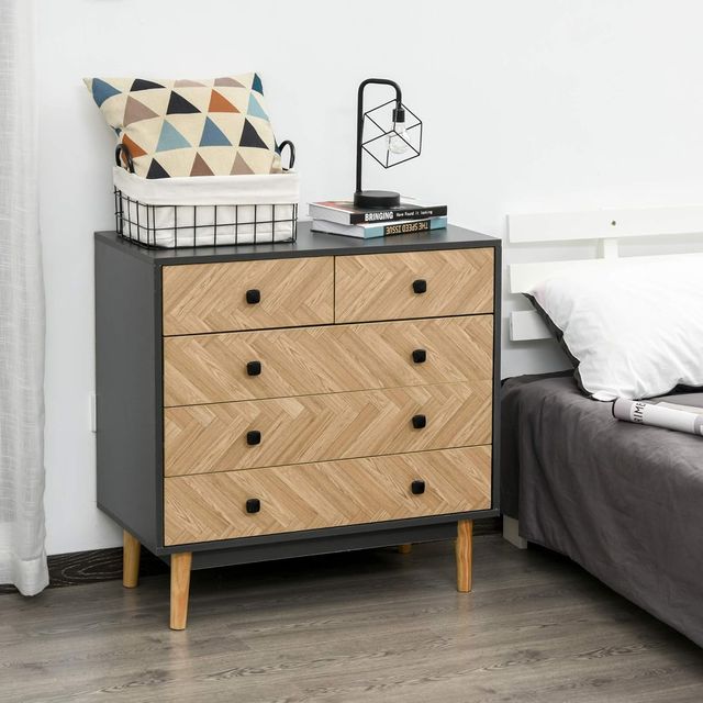 Cómoda para Dormitorio de Madera con 5 Cajones, Estilo Vintage Industrial, Gris Oscuro, 80X40X80Cm