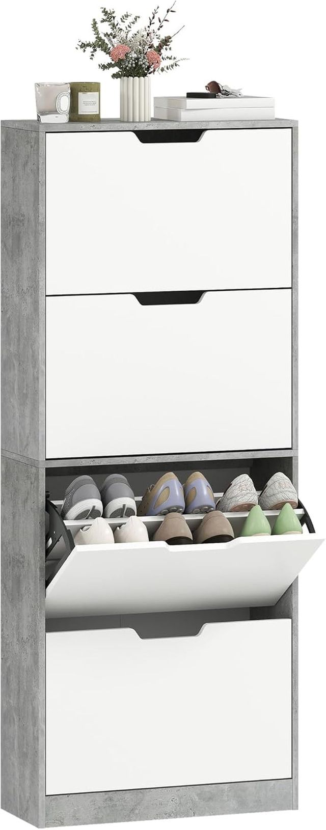 Zapatero Slim Ahorra Espacio Con 4 Puertas Abatibles, Zapatero de Entrada Con Estantes Regulables, Porta Zapatos para 16 Pares Con Manija Empotrada, 62.5X26X156 Cm, Gris Cemento