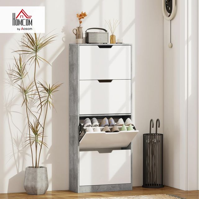 Zapatero Slim Ahorra Espacio Con 4 Puertas Abatibles, Zapatero de Entrada Con Estantes Regulables, Porta Zapatos para 16 Pares Con Manija Empotrada, 62.5X26X156 Cm, Gris Cemento