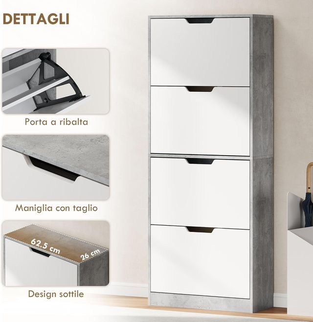 Zapatero Slim Ahorra Espacio Con 4 Puertas Abatibles, Zapatero de Entrada Con Estantes Regulables, Porta Zapatos para 16 Pares Con Manija Empotrada, 62.5X26X156 Cm, Gris Cemento