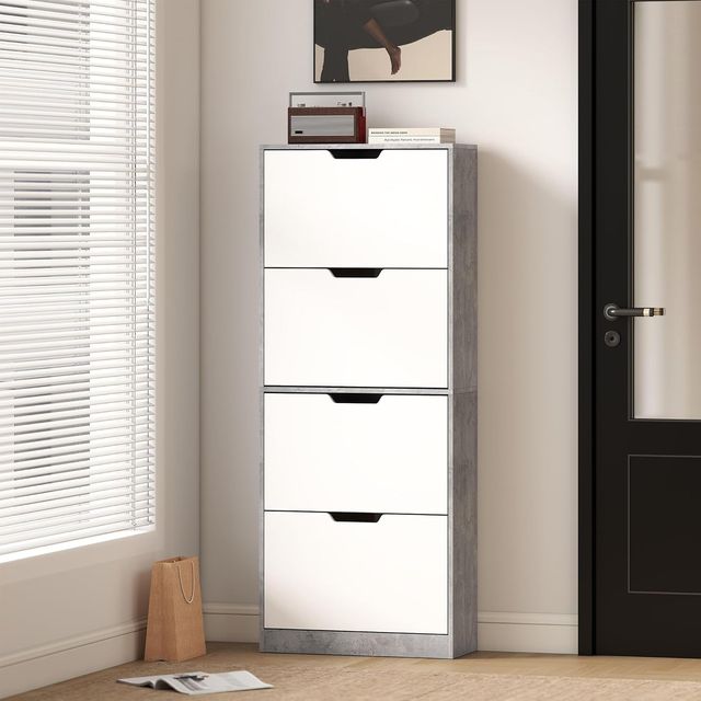 Zapatero Slim Ahorra Espacio Con 4 Puertas Abatibles, Zapatero de Entrada Con Estantes Regulables, Porta Zapatos para 16 Pares Con Manija Empotrada, 62.5X26X156 Cm, Gris Cemento