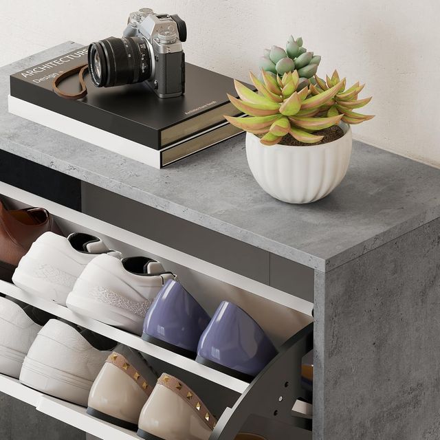 Zapatero Slim Ahorra Espacio Con 4 Puertas Abatibles, Zapatero de Entrada Con Estantes Regulables, Porta Zapatos para 16 Pares Con Manija Empotrada, 62.5X26X156 Cm, Gris Cemento