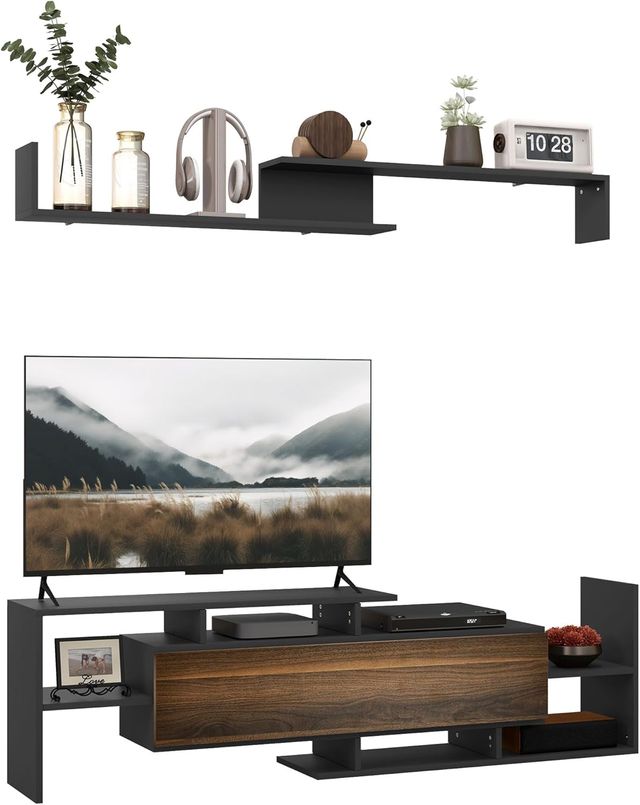Televisor Móvil Con Estante de Pared, Estantes Abiertos y Armario de Madera, Televisor Móvil Moderno para Sala de Estar y Dormitorio, Negro y Marrón