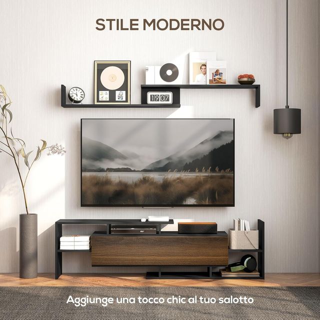 Televisor Móvil Con Estante de Pared, Estantes Abiertos y Armario de Madera, Televisor Móvil Moderno para Sala de Estar y Dormitorio, Negro y Marrón