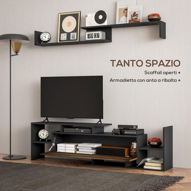 Televisor Móvil Con Estante de Pared, Estantes Abiertos y Armario de Madera, Televisor Móvil Moderno para Sala de Estar y Dormitorio, Negro y Marrón