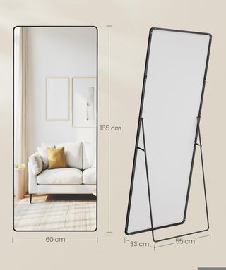 SONGMICS Espejo de Cuerpo Entero, 165 x 60 cm, Espejo de Pie Rectangular con Soporte, con Marco de Aleación de Aluminio, Cristal Templado, para Dormitorio, Salón, Vestuario, Navidad, Negro Tinta